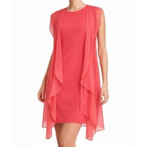 BCBGMAXAZRIA Draped Shift Dress Polyester Chiffon Overlay Coral XS